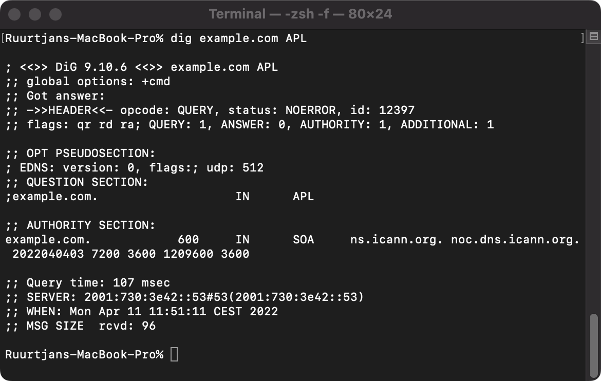 Example output of a APL lookup query